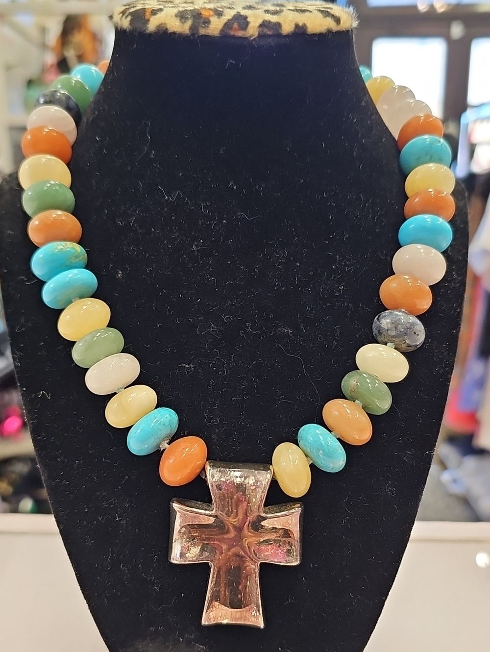 Handmade Multicolor Bead Necklace with Cross Pendant, Silver, Simon